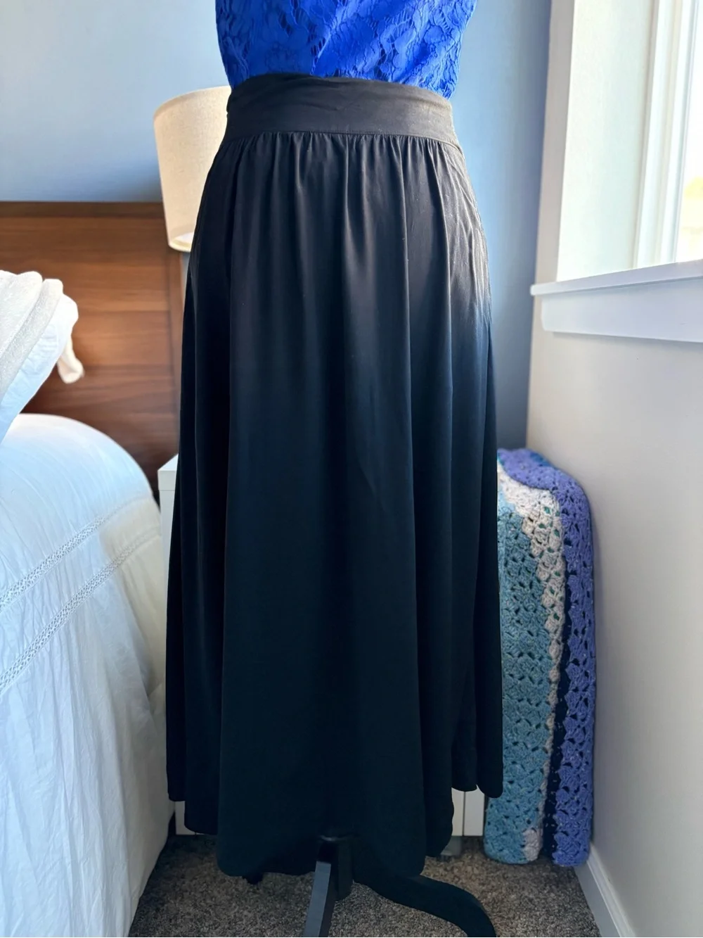 The Kooples Classic Black Tie-Waist A-Line Midi Skirt with Pockets